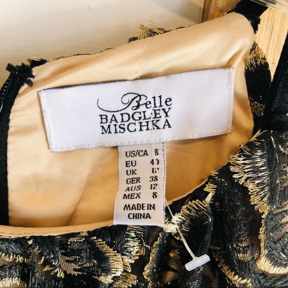 Belle Badgley Mischka Halter Dress Black Gold Lace Overlay Velvet Sexy - Picture 3 of 8